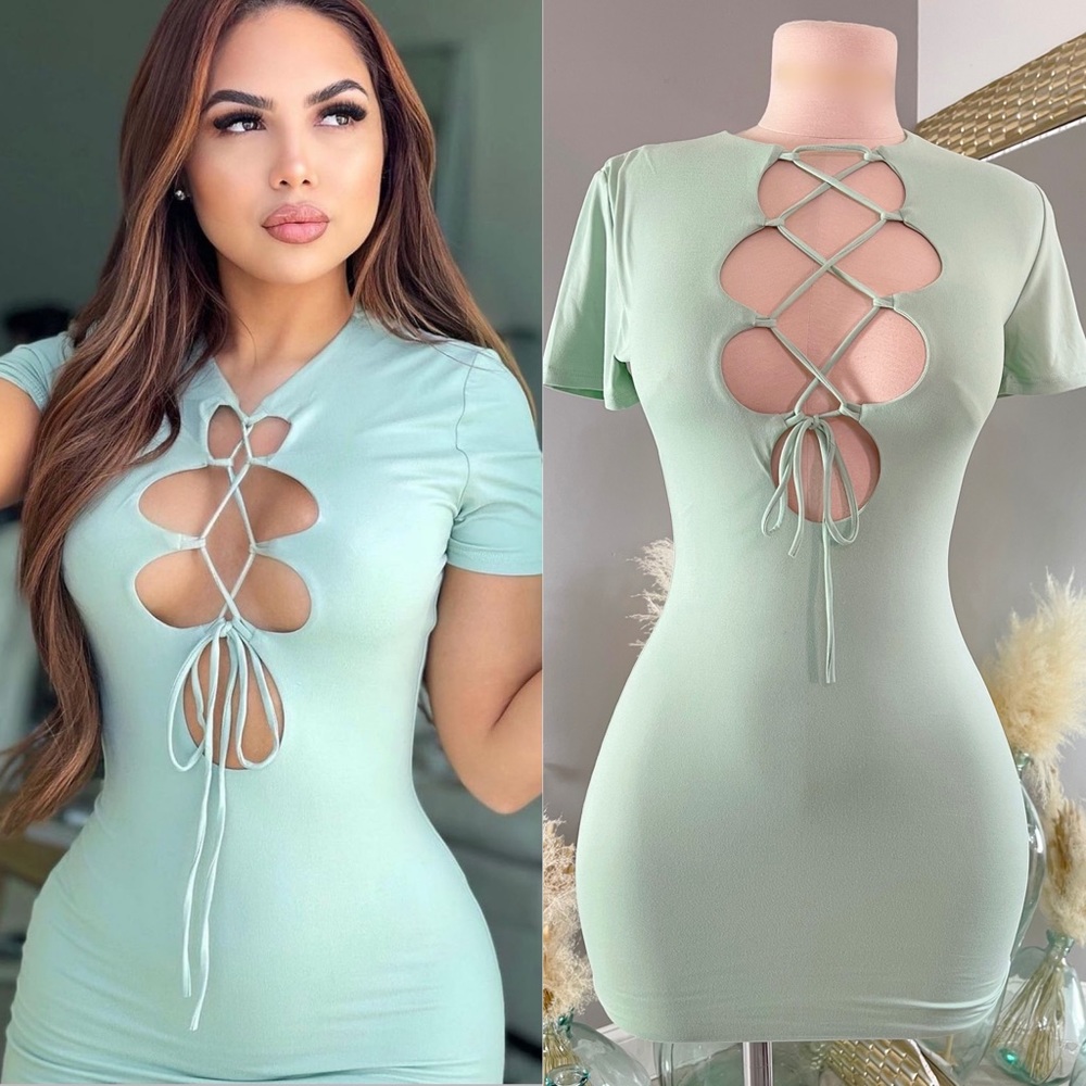 Women’s Fashion double layered bodycon lace up soft mini dress cute trendy sage